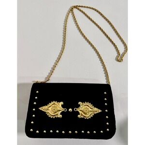 Farnell Paris Black Velvet evening bag Gold Tone Hardware Chain Strap Vtg 1980s